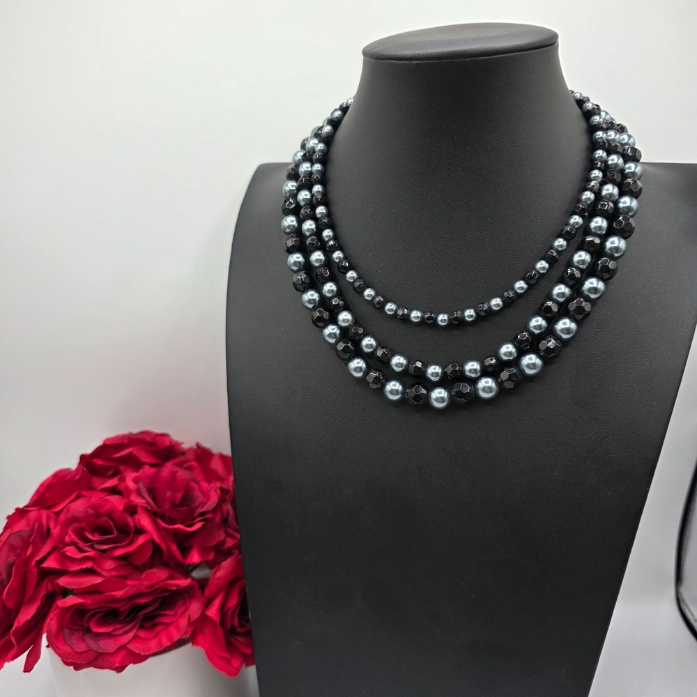 Premier Designs Multi-Strand Beaded Necklace Black Grey Crystal Toggle Clasp